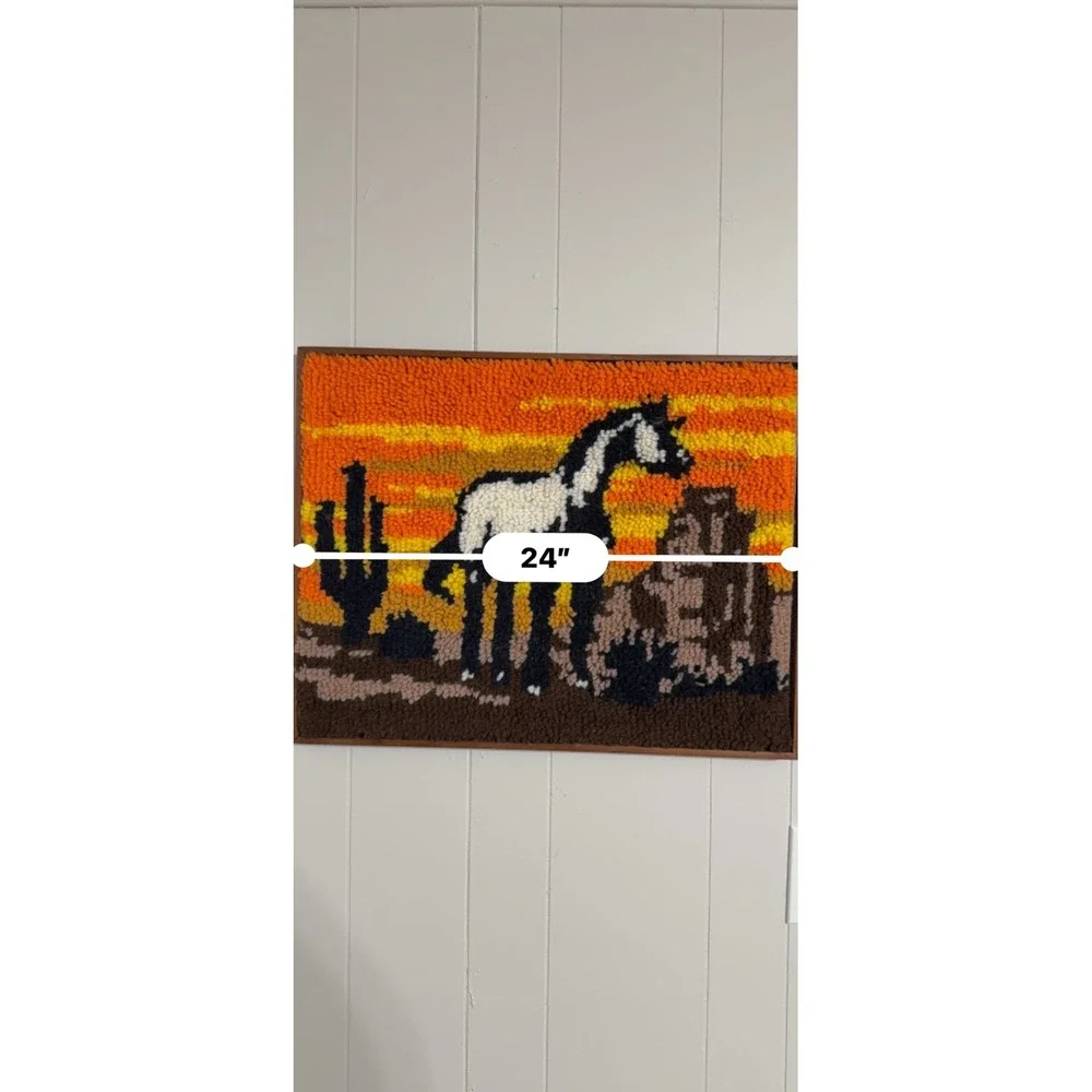 Vintage Latch Hook Wall Hanging Desert Horse Sunset Cactus Framed Yarn Art 24x19